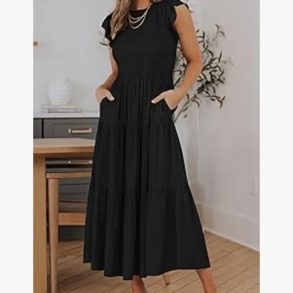 Zesica casual flutter short sleeve crew neck smocked elastic midi dress black S - Picture 2 of 6